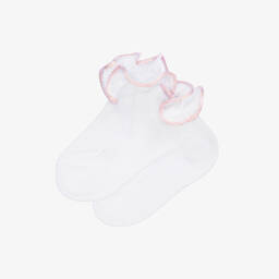Story Loris-Baby Girls White & Pink Ruffle Socks | Childrensalon
