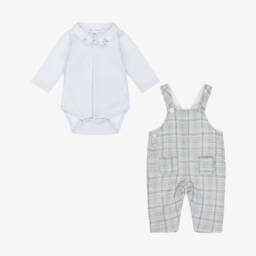 Tartine et Chocolat-Baby Boys Blue & Grey Check Cotton Dungarees Set | Childrensalon