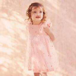 Tartine et Chocolat-Baby Girls Pink Embroidered Tulle Dress | Childrensalon