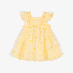 Tartine et Chocolat-Baby Girls Yellow Embroidered Tulle Dress | Childrensalon