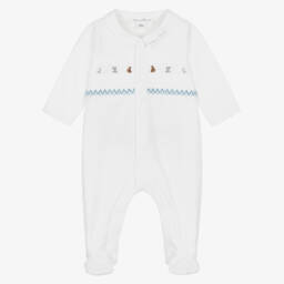 Tartine et Chocolat-Boys White Cotton Babygrow with Animal Embroidery | Childrensalon