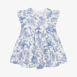 Girls Blue Toile Du Jouy Dress with Ruffle Sleeves