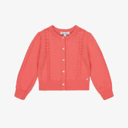 Tartine et Chocolat-Girls Coral Pink Wool & Cashmere Knit Cardigan | Childrensalon