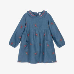 Tartine et Chocolat-Girls Floral Embroidered Blue Chambray Dress | Childrensalon