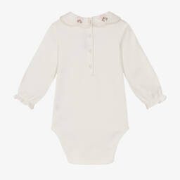 Tartine et Chocolat-Girls Ivory Bodysuit with Hand Embroidered Floral Collar | Childrensalon