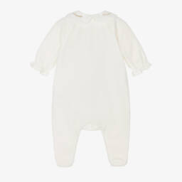 Tartine et Chocolat-Girls Ivory Velour Babygrow with Gold Embroidered Bows | Childrensalon
