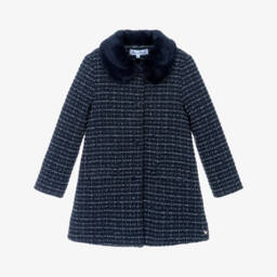 Tartine et Chocolat-Girls Navy Blue Sparkly Tweed Coat with Faux Fur Collar | Childrensalon