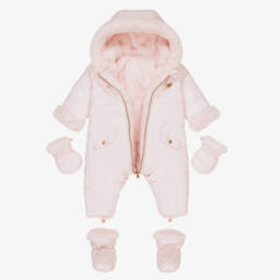 Tartine et Chocolat-Girls Pink Reversible Faux Fur Snowsuit | Childrensalon