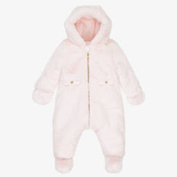 Tartine et Chocolat-Girls Pink Reversible Faux Fur Snowsuit | Childrensalon
