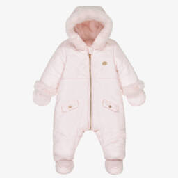 Tartine et Chocolat-Girls Pink Reversible Faux Fur Snowsuit | Childrensalon