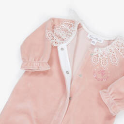 Tartine et Chocolat-Girls Pink Velour Babygrow with White Lace Collar | Childrensalon