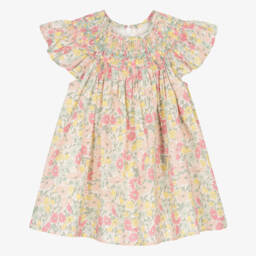 Girls Pink & Yellow Hand-Smocked Floral Liberty Print Dress