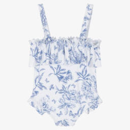 Tartine et Chocolat-Girls White & Blue Floral Hedgehog Swimsuit | Childrensalon