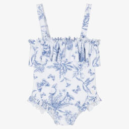 Tartine et Chocolat-Girls White & Blue Floral Hedgehog Swimsuit | Childrensalon