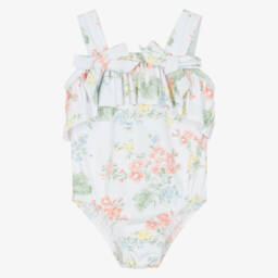 Tartine et Chocolat-Girls White Floral Bows & Ruffles Swimsuit | Childrensalon