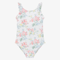 Girls White Floral Ruffle Swimsuit