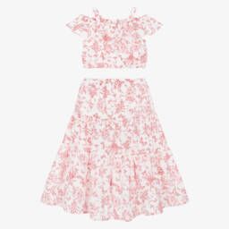 Tartine et Chocolat-Girls White & Red Floral Cotton Skirt Set | Childrensalon