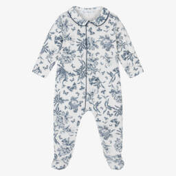 Tartine et Chocolat-Ivory & Blue Toile De Jouy Cotton Babygrow | Childrensalon