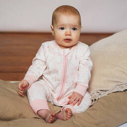 The Little Tailor-أوفرول رومبر قطن لون عاجي وزهري للمولودات | Childrensalon