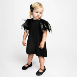 The Tiny Universe-فستان قطن عضوي جيرسي مزين بريش لون أسود | Childrensalon