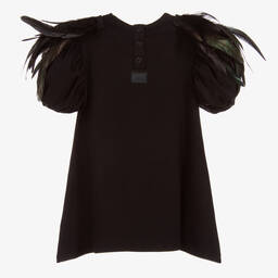 The Tiny Universe-فستان قطن عضوي جيرسي مزين بريش لون أسود | Childrensalon