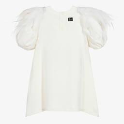 The Tiny Universe-فستان قطن عضوي جيرسي مزين بريش لون أبيض | Childrensalon