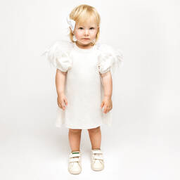 The Tiny Universe-فستان قطن عضوي جيرسي مزين بريش لون أبيض | Childrensalon