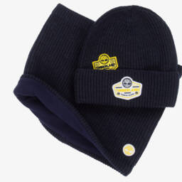 Timberland-Boys Navy Blue Knitted Hat & Snood Set with Logo Patches | Childrensalon