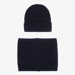 Timberland-Boys Navy Blue Knitted Hat & Snood Set with Logo Patches | Childrensalon