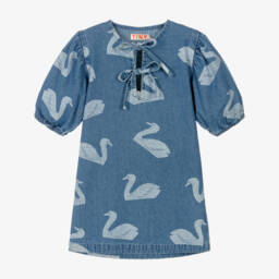 Tinycottons-Girls Blue Denim Swan Print Dress | Childrensalon