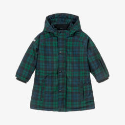 Girls Green & Blue Tartan Check Hooded Coat