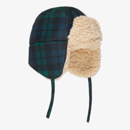 Girls Green & Blue Tartan Check Trapper Hat