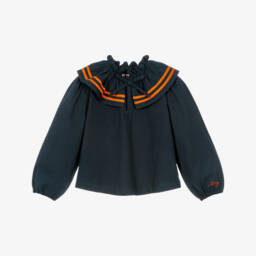 Girls Ink Blue Twill Blouse with Ruffled Collar