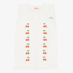 Girls Off-White Cotton Dress with Embroidered Cherries