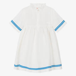 Tinycottons-Girls Off-White Cotton & Linen Dress with Blue Stripe Trim | Childrensalon