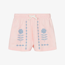 Girls Pastel Pink Cotton Shorts with Blue Floral Print
