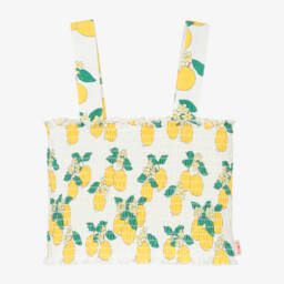 Girls White Cotton Jersey Orange Print Shirred Top