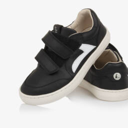 Tip Toey Joey-Black Leather Velcro Trainers | Childrensalon
