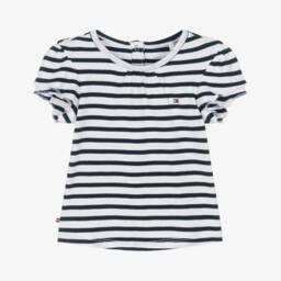 Tommy Hilfiger-Baby Girls Navy Blue Stripe Cotton Ribbed T-Shirt | Childrensalon