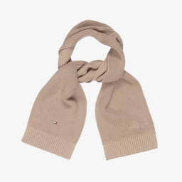 Beige Cotton Ribbed Knit Scarf with Embroidered Logo (150cm)
