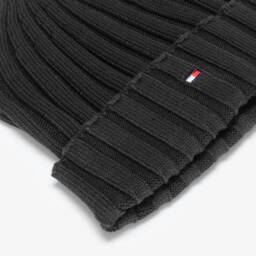 Tommy Hilfiger-Black Organic Cotton Ribbed Knit Beanie Hat | Childrensalon