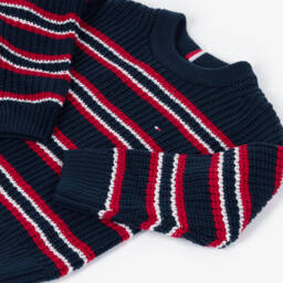 Tommy Hilfiger-Boys Navy Blue Striped Chunky Knit Sweater | Childrensalon