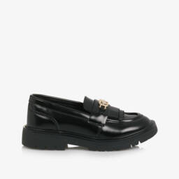 Tommy Hilfiger-Girls Black Faux Leather Loafers with Monogram Logo | Childrensalon