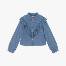 Tommy Hilfiger-Girls Blue Chambray Lyocell Ruffle Blouse | Childrensalon