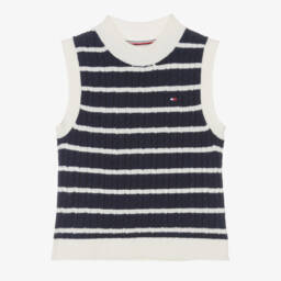 Girls Blue Striped Cable Knit Vest