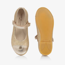 Tommy Hilfiger-Girls Glittery Gold Leather Shoes | Childrensalon