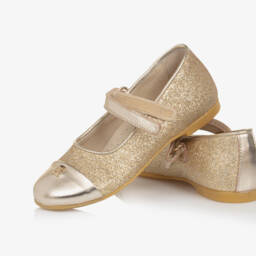 Tommy Hilfiger-Girls Glittery Gold Leather Shoes | Childrensalon