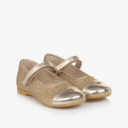 Tommy Hilfiger-Girls Glittery Gold Leather Shoes | Childrensalon