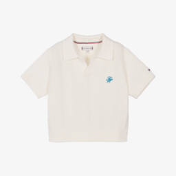 Girls Ivory Crochet Knit Polo Top