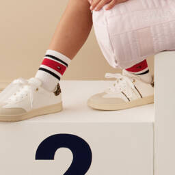Tommy Hilfiger-Girls Ivory Lace-Up Trainers with Leopard Print Trim | Childrensalon